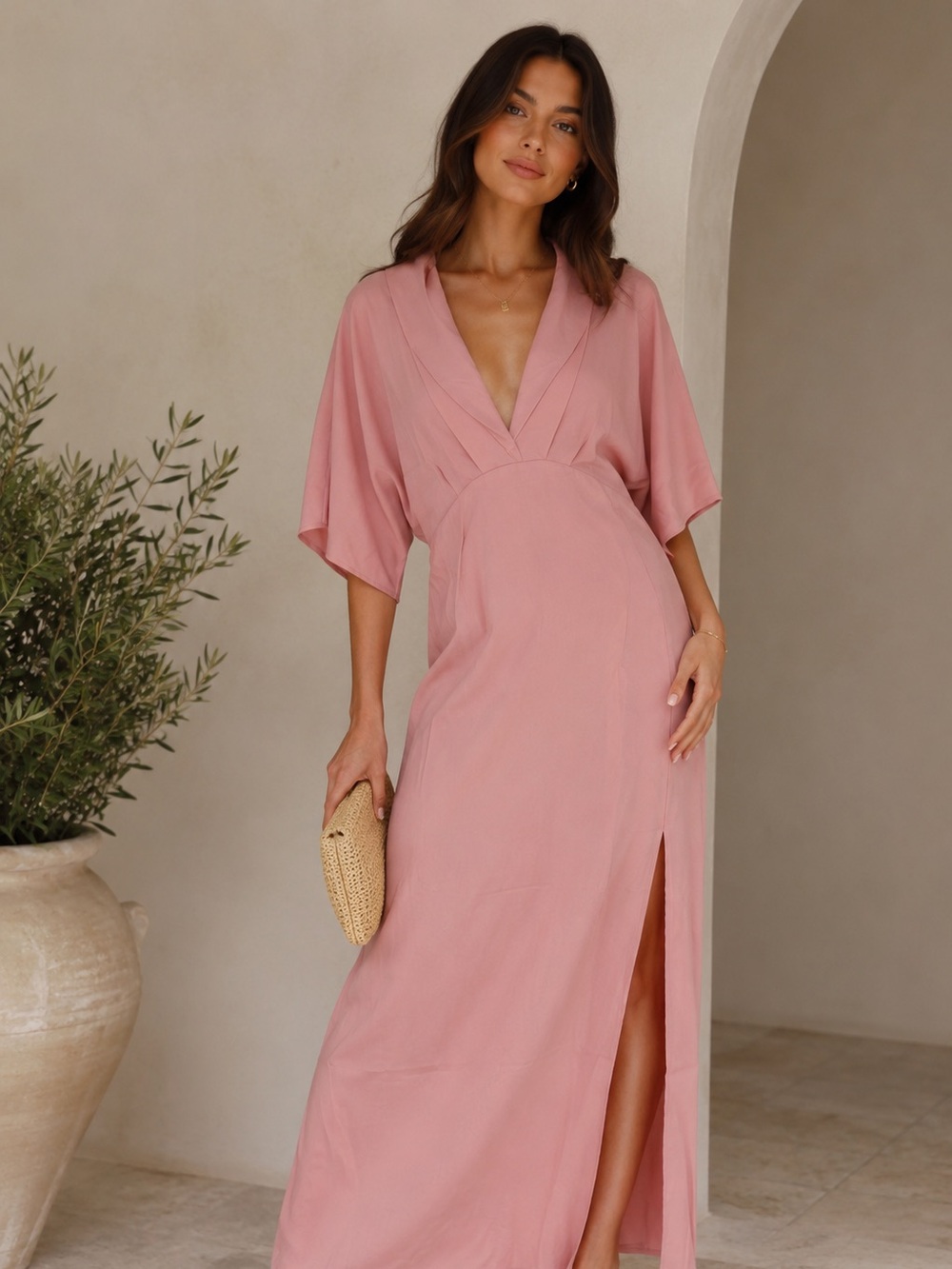 New Dusty Rose V-Neck Maxi Dress with Side Slit